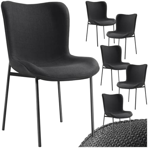 tectake® 6er Stuhl Set, Polsterstuhl für Küche, Esstisch, Sessel Schminktisch, Cocktailsessel, Elegante Esszimmerstühle oder Wohnzimmerstühle für edles Dining - Webstoff schwarz/schwarz