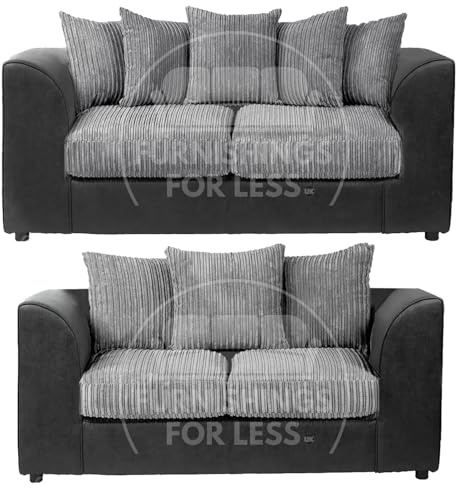 Furnishings For Less UK Luxor Jumbo Cord Sofa Suite 3 Seater and 2 Seater Black and Grey, Large Scatter Back Cushions, Deep-Filled Foam Seating (Sofa Suite 3 seater and 2 Seater)