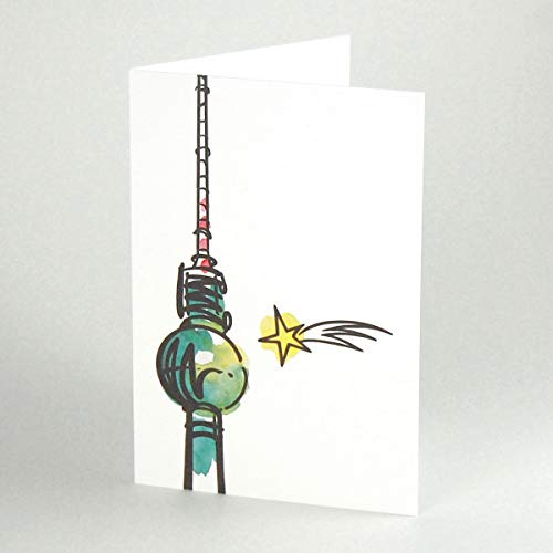 schöne Berlin-Weihnachtskarte auf Recyclingkarton: Fernsehturm, gezeichnet von Stefanie Jordan, Klappkarte mit hochwertigem, weißem Recyclingumschlag B6