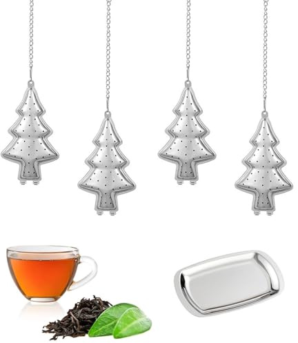4 Teesieb Teeei Teefilter für lösen Tee, 304 Edelstahl (Weihnachtsbaum) | mit verlängerte Kette, Fine Mesh Teesieb, Ideal Geschenk für Teeliebhaber