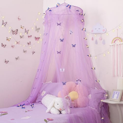 Temopow Purple Petals Betthimmel mit weißem Schmetterlingslicht Moskitonetz