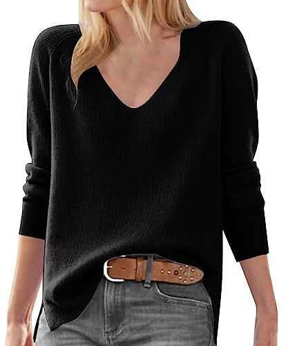 Pull Femme Hiver Chic Et Chaud Pull Femme Laine Chandail à Manches Chauve-Souris à col en V Amincissant et élégant pour Femmes Pull en Laine Femme Hiver Pull Femme Rose Fushia (Black, L)