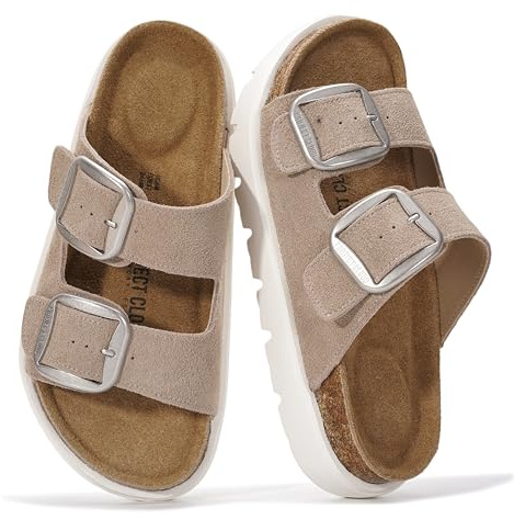 Project Cloud 100% Genuine Leather Platform Sandals Women Footwear - Wedge Chunky Slides for Women 2026 with Memory Foam Insole & Cork Footbed Womens Sandals (GreeceChunky)