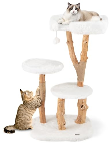 GYMAX 110cm Arbre à Chat Moderne en Bois Massif, avec Branches Naturelles et Griffoirs, Tour pour Chat en Peluche Douce et Longue avec Boule Suspendue pour Une Utilisation en Intérieur