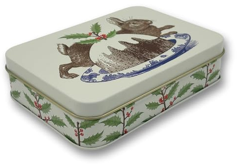 Presentburk Design Thornback and Peel – Kärleksfullt utformad rektangulär godisburk – motiv hare och tårta – godisburk, kakburk, plåtburk – mått (L x B x H) 14,2 x 10,1 x 3,7 cm