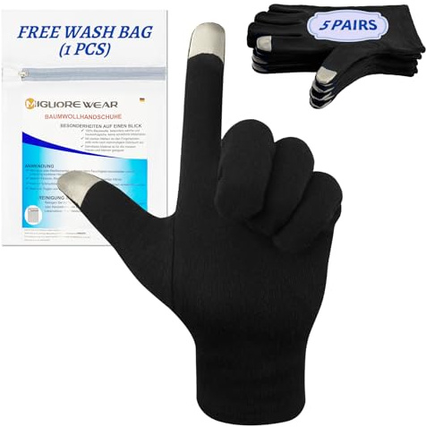 Migliore Wear 5 Pairs Cotton Eczema Gloves, Touchscreen Black Cotton Gloves