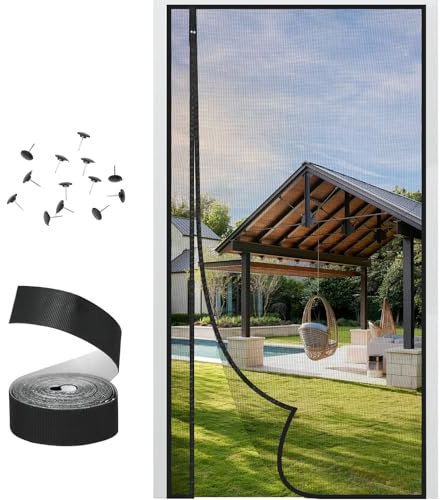 Magnetic Fly Screen, Side Opening Fly Screen Balcony Door, Self-Adhesive, No Drilling, Insect Protection, Fly Curtain Made of Fibreglass Net, Black, with Adhesive Tape (Black, 90 x 210 cm)