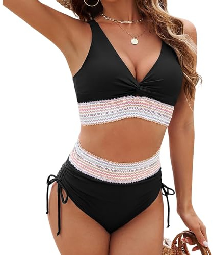 Women's High Waisted Bikini Set for Women UK, 2 Piece Tummy Control Swimwear Top Bottoms, Adjustable Straps Swimming Costume