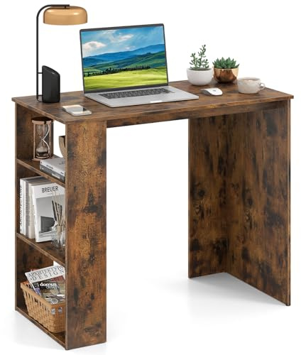 COSTWAY Compact Computer Desk, 90cm Small Wooden Study Writing Workstation with Bookshelf, Modern Simple PC Laptop Table Working Desk for Home Office Bedroom (Rustic Brown)