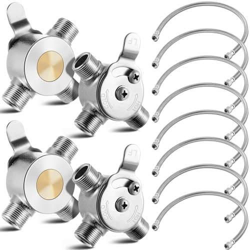 Yaocom 4 Pcs 3/8 Manual Mixing Valve Hot Cold Water Temperature Mixer Thermostatic Mixing Valve for Home and Bathroom Below Deck to Adjust Water Temperature, 8 Braided Faucet Connector Included