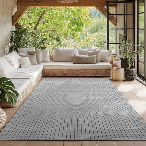 HomebyHome Kurzflor Teppich 140x200 cm Grau Wohnzimmer, Schlafzimmer, Küche, 3D Hoch-Tief-Effekt, Skandinavisch Boho Motiv, für Outdoor Bereich geeignet Terrassen oder im Balkon