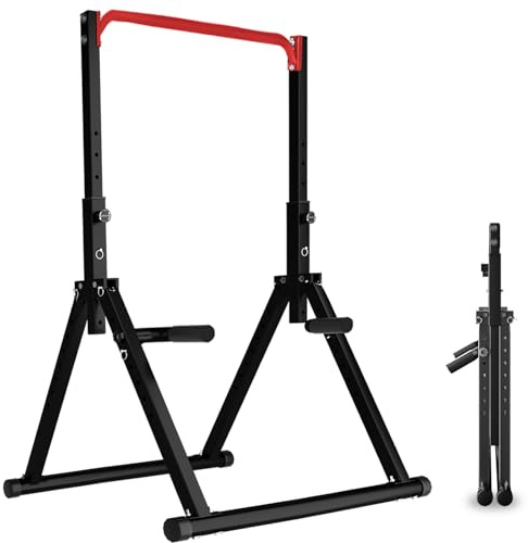DOBESTS Power Tower Dip Station,Pieghevole Barra per trazioni autoportante，Regolabile MultifunKtional Pull Up Station Attrezzi Palestra Casa,Attrezzatura per Allenamento della Forza（011，red）