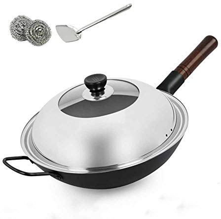 GAOAZHEN Padella da Cucina in Ferro forgiata a Mano, Padella Antiaderente Non Rivestita per Uso Domestico, Wok antiruggine Multifunzionale per Cucina Sana, F, 38 cm