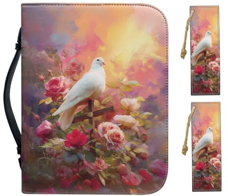 Cadowhimsy Bibelhülle mit rosa Rose, Taubenmotiv, Kunstleder, mit Lesezeichen, Buchhüllen, Trage-Bibelhülle mit Reißverschlusstaschen für Gebetsbuch, Organizer, Größe XXL