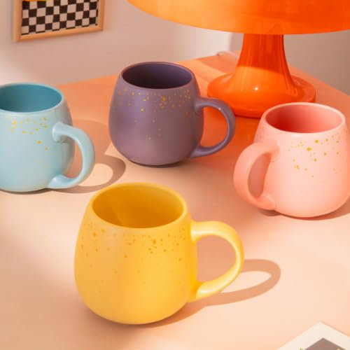 Pastel Speckled Ceramic Mug 400ml Matte Finish Coffee & Tea Cup with Gold Flecks, Curved Handle Gift Mug for Home or Office (H 8.5cmx W 7cm) Assorted Colours (Matte Yellow)