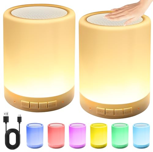 LED Nachttischlampe 2er Set USB Aufladbar, Touch Dimmbar mit 6 Farben und Farbwechsel mit Warmes Weißes Licht, 3 Modi, Multifunktionales Nachtlicht Kinder ohne Kabel mit Bluetooth-Lautsprecher