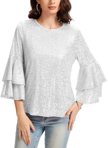 Kyzoeyou Damen Pailletten Oberteil Glitzer Tops Langarm Rundhals T-Shirt Bluse Cap Ärmel Freizeit Tunika Party Festival