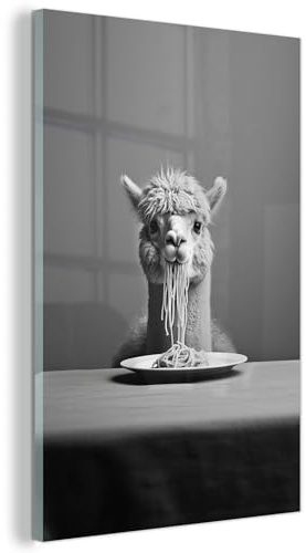MuchoWow© Glasbilder Deko Schlafzimmer Aesthetic Wohnzimmer Glas Gemälde | 40x60 cm - Foto Geschenk Living Room Decoration Alpaka - Pasta - Schwarzweiß - Lustig - Tiere