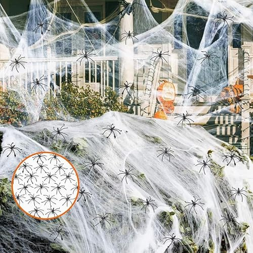VisageVitalit Ragnatela Halloween, Ragnatela di Decorazione di Halloween, Ragnatela Bianca e 60 Pezzi Ragni Neri Decorazioni di Halloween (100g)