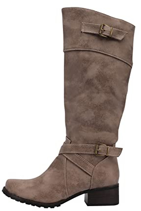 Bottes à hauteur genou pour femmes, mollet large, confortables, bottes à bout rond avec boucle, fermeture éclair latérale élégante, talon bas, bottes d'équitation chaudes, à enfiler, pour l'hiver