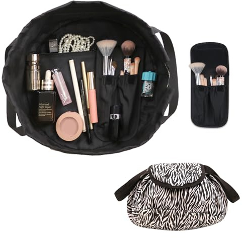 SUMBABO Drawstring Makeup Bag ¨C Barrel Drawstring Cosmetic Bag Opens Flat for Travel Toiletry Cinch Bag with Brush Bag (Zebra)