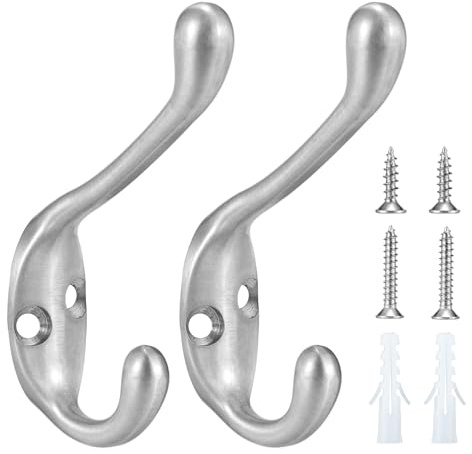 Jukzi Coat Hooks 5 Pack-Heavy Duty Wall Mounted Brushed Nickel Door Hooks Double Prong Hooks for Hanging Clothes/Towels/Key-Suitable for Bedroom/Bathroom/Entryway