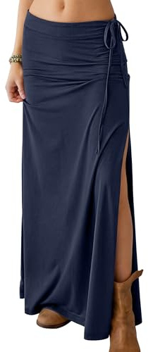 ANRABESS Womens Maxi Skirts High Waisted 2026 Summer Boho Floral Beach Flowy Side Slit Long Skirt with Adjustable Drawstring Navy Blue Medium