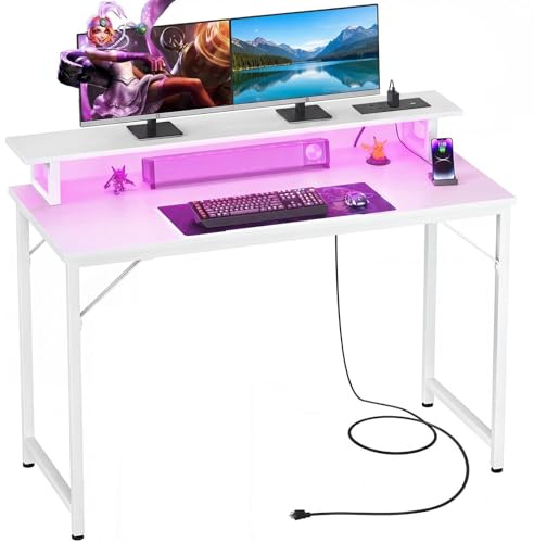 iSunirm Computer Desk with Power Outlets & LED Lights, 100cm Gaming Desk with Monitor Stand, Small Home Office Desk for Small Space, PC Gaming Table Workstation for Office Living Room Bedroom, White