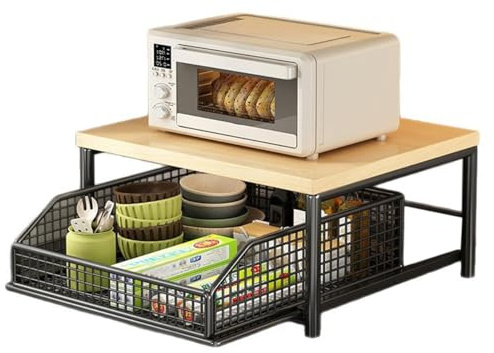 Yarryuter Platzsparender Küchenarbeitsplatten-Organizer mit Schublade und Drahtkörben - Robustes Holzregal für die Aufbewahrung Von Kaffeemaschinen Schwarz