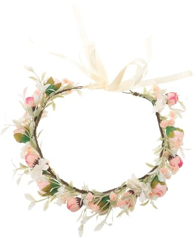Healeved Blommigt Pannband för Brud Justerbar Rosa Blomsterkrans med Band Bohemisk Håraccessoar för Kvinnor vid Bröllop och Festliga Tillfällen