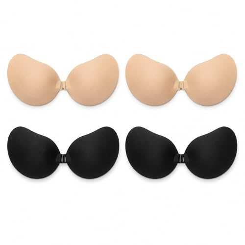 GEEKPC 4 Pcs Strapless Push Up Adhesive Bra with Front Clasp, 3D Cups, Reusable Silicone Invisible Bras for Backless Dresses, Weddings, Parties & Travel (2 Black D + 2 Nude D)