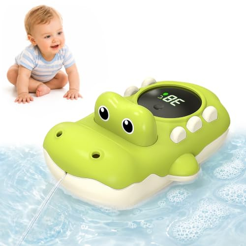 Sonnenspark Thermometre Bebe Bain, Thermomètre de Bain Bébé 2 en 1 | Thermomètre Bain avec Avertissement 3 Couleurs, Jouet de Bain Crocodile Étanche avec Jet d'Eau, Thermomètre de Bain pour Bébé
