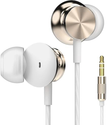 Betron BS10 Earphones Wired In-Ear Headphones, Gold | 12mm Bass Driver, Comfortable S/M/L Ear Buds and Case included, 3.5mm Jack, Tangle-Free Cord, No Mic