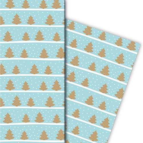 Kartenkaufrausch Schönes Streifen Weihnachtspapier, Geschenkpapier Set zu Weihnachten mit Weihnachtsbäumen im Schnee, hellblau, für tolle Geschenk Verpackung, Designpapier, 4 Bogen, 32 x 48cm