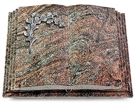 MEMORUM Grabmale Grabbuch, Grabplatte, Grabstein, Grabkissen, Urnengrabstein, Liegegrabstein Modell Livre Pagina 40 x 30 x 8-9 cm Paradiso-Granit, poliert inkl. Gravur (Aluminium-Ornament Gingko 2)