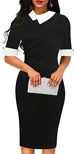 oxiuly Women's Retro Bodycon Knee-Length Formal Office Dresses Pencil Sheath Dress OX276 (L, Black Solid)
