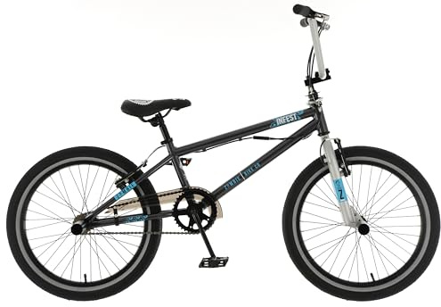 Zombie Infest Kids 20 BMX Bike | Boys Girls Freestyle BMX Bicycle with 360 Bar Spin & Stunt Pegs | Black/Blue/Silver | Ages 7+
