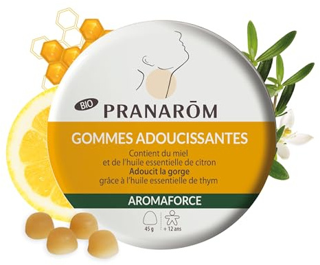 PRANARÔM Aromaforce - Borradores suavizantes - Suplementos alimenticios con aceites esenciales - Limón, Miel y Tomillo - Calma la garganta - Caja de metal 45 g