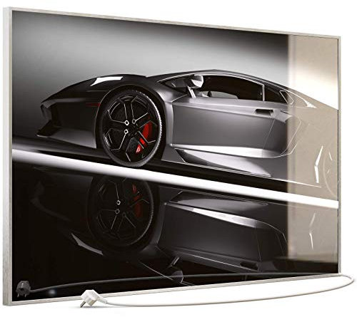 STEINFELD Heizsysteme® Elektroheizung Glas Bild Infrarotheizung mit TS11 WiFi Thermostat | Made in Germany | Motive 045 Sportwagen (900 Watt, silber/Alu)