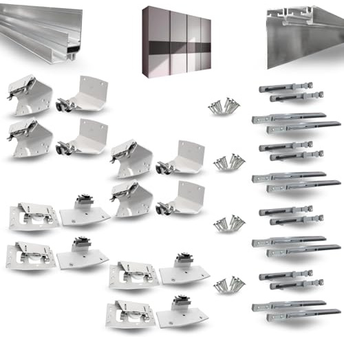 EVOTRADE Kit de sistema deslizante para armarios con puertas colgantes. Para 2, 3, 4 puertas - Perfil binario 3 metros - Cierre suave amortiguado (4 puertas, carros blancos)