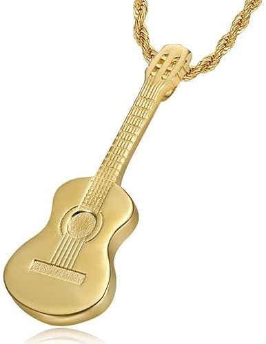 LE BAGACIER - Pendentif Collier Guitare Classique 6 Cordes Gitan Acier Inoxydable Or Chaîne torsadée