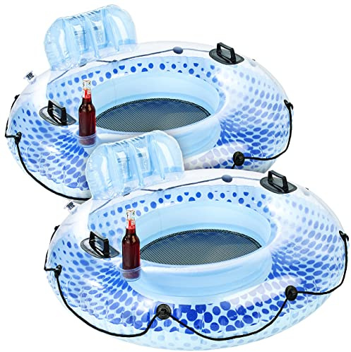 infactory Poolsessel: 2er-Set aufblasbare Schwimmringe mit Rückenlehne und Getränkehalter (Schwimmreifen, Poolsessel mit Getränkehalter, Sessel)