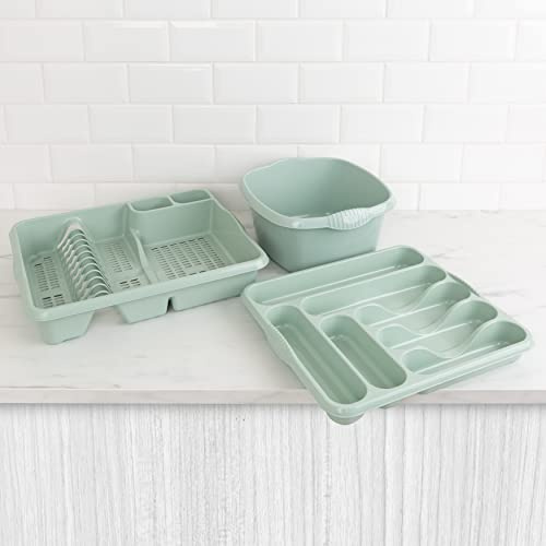 Wham 3 Piece Casa Plastic Kitchen Set Silver Sage (38cm Rectangular Bowl, Large Cutlery Tray & Large Dish Drainer)