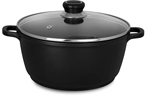 Krüger Aluguss Topf Delta Ø 24 cm (3,5 L) | Fleischtopf mit Glasdeckel | Antihaft-Versiegelung | Induktionsgeeignet | Backofenfest bis 180°C | Ideal für Suppen & Eintöpfe | Fettarmes Kochen