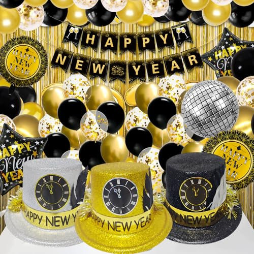 Schwarz Gold Silvester Deko,Silvester Deko 2026 XXL Dekoration Set,Folienballon Silvester Dekoration,Frohes Neues Jahr Kegel Hüte für 2026 Neujahr Party Dekorationen