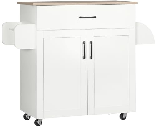 HOMCOM Dessert Îlot de Cuisine Multi-Rangements 1 Tiroir 2 Portes Blanc | 1 Placard, Étagère Réglable, Porte-Torchons, MDF