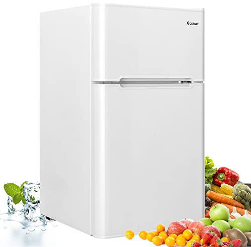 COSTWAY Frigorífico Compacto, Mini Nevera 90 L, Congelador Separado con 2 Puertas, Luz LED de Amplio Ángulo, Ahorro Energético, Refrigeración Rápida, Puerta Reversible Silencioso (Blanco)
