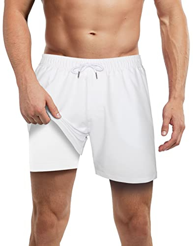LUCOWEE White Swim Trunks with Compression Lined for Men no Chafe Boxer Brief Lined Swimming Trunks Quick Dry UPF 50+ Stretchy 5.5 inch Inseam Bathing Suit Shorts Large