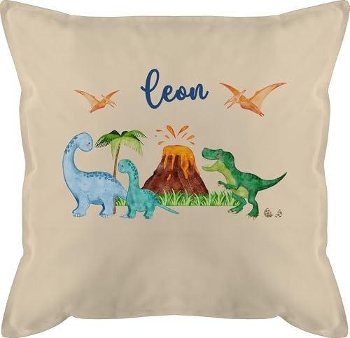 Kissen 50x50 - Geschenk Dinosaurier personalisiert mit Name I Dino I Dinos - 50 x 50 cm - Beige Natur - Cushion Dinosaurs personalisiertes Tier trex personalisierte personalisierten Tieren Kita