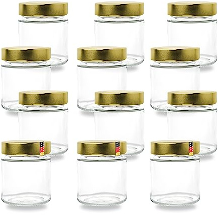 Flaschenbauer - 12er Set Gewürzgläser Set 212ml - TO 66 Deep Mündung, Goldenen Deckel - Ideal für Gewürze Aufbewahrung, Marmeladen, Eingelegtes, Konservierung & Aufbewahrungsgläser